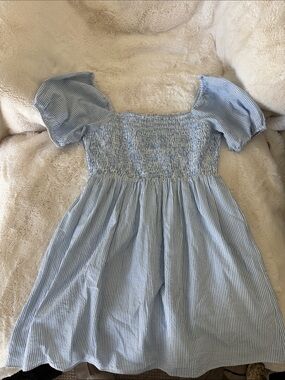 Sail to Sable Blue and White Striped Puff-Sleeve Smocked Dress